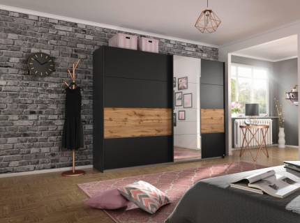 Dulap cu usi glisante BOSTON EXTRA 271x210x62cm gri metalic/ stejar - oglinda, maner gri metalic