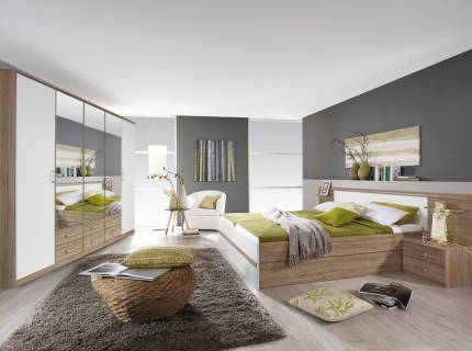 Cadru pat cu 2 noptiere incorporate si sertare pentru depozitare GANDRA (160x200cm) sanremo/ alb alpin