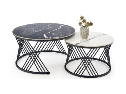 Set 2 masute FLAMINGO White Black din piatra sinterozata cu efect de marmura alba/ neagra, metal negru 60xH40cm / 80xH46cm