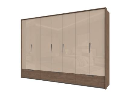 Dulap cu 7 usi cu balamale si 3 sertare LEFT 322x226x60cm Mokka HG lucios + Linkoln Walnut, manere incorporate antracit, cu rama passepartout 