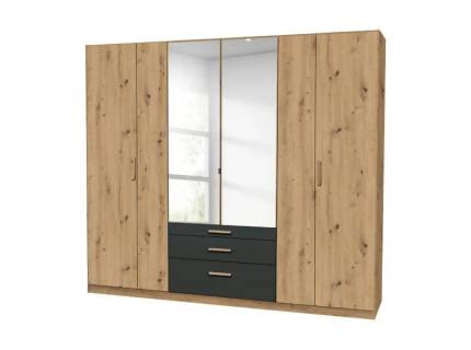 Dulap cu 6 usi cu balamale si 3 sertare MOSBACH 226x210x54cm stejar Artisan/ gri metalic - oglinda