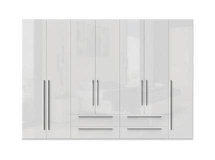 Dulap cu 7 usi si 4 sertare PIANO WHITE 317x224x56cm alb lucios, maner crom