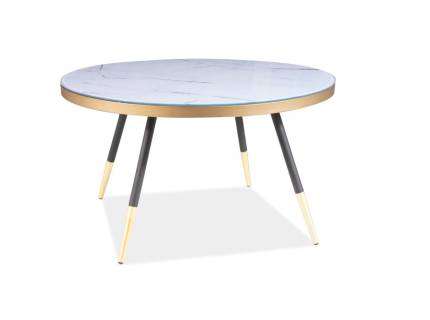 Masuta VEGA B din sticla cu efect de marmura alba, furnir, metal auriu + negru 80xH45cm