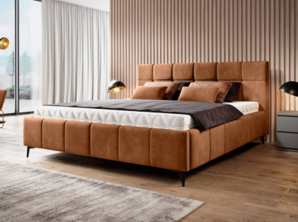 Pat tapitat cu somiera si spatiu pentru depozitare NAOMI 140/ 160/ 180cm personalizabil, picioare negre