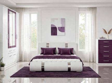Set dormitor BURANO si ATLANTIS pat cu somiera si lada pt. depozitare (160x200cm) ecopiele alba, dulap Burano cu 4 usi cu balamale si 4 sertare 181x212x56cm, comoda 50x86x37cm alb alpin/ mov 