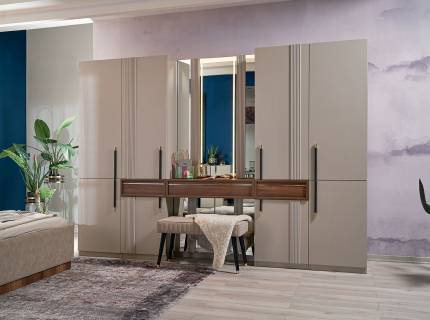 Dulap cu 12 usi cu balamale si 3 sertare SAVANORA - HENNA 324x230x60cm cu taburet inclus si oglinda