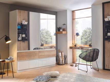 Dulap cu 4 usi cu balamale si 4 sertare WINNIPEG181x210x56cm alb alpin/alb lucios - halifax - oglinda