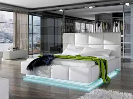 Pat tapitat cu somiera si spatiu pentru depozitare ASTI PROMO (180x200cm) ecopiele alba