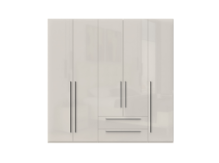 Dulap cu 5 usi cu balamale si 2 sertare PIANO BEIGE 227x224x56cm bej lucios, manere crom
