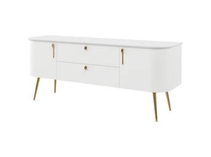 Comoda TV cu 2 usi si 2 sertare GALET 158x65x47cm alb mat, picioare si manere auriu neon