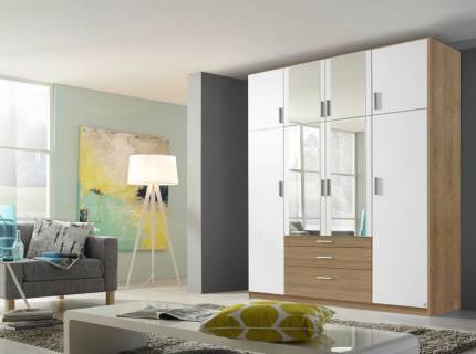 Dulap cu 8 usi cu balamale si 3 sertare HILDESHEIM EXTRA 181x229x54cm alb alpin/ sonoma - oglinda 