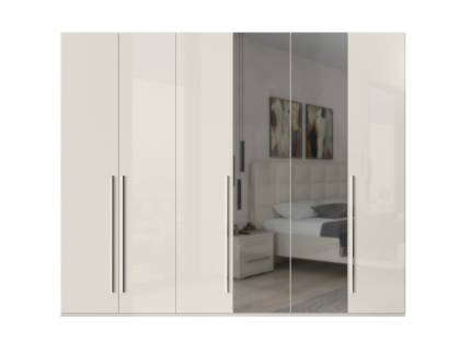 Dulap cu 6 usi cu balamale PIANO BEIGE 272x224x56cm bej lucios/ oglinda, maner crom