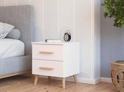 Noptiera cu 2 sertare ADITIO 40x55x42cm alb alpin, manere si picioare stejar