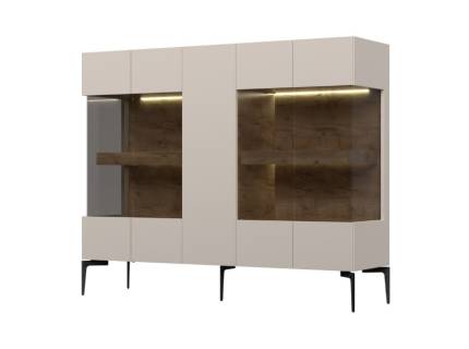 Comoda cu 5 usi cu sticla SKY 45 152x125x42cm casmir/ stejar tabac - sticla