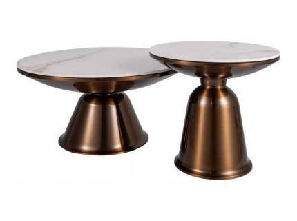 Set 2 masute VERA din ceramica cu efect de marmura alb lucios, cadru metalic cupru lucios 75xH41cm / 50xH49cm