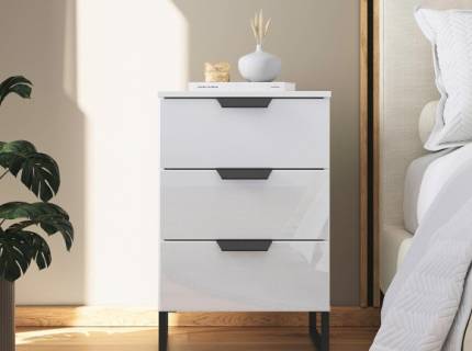 Noptiera cu 3 sertare ADITIO 40x74x42cm alb alpin/ sticla alba