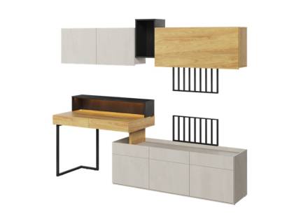 Set birou mic cu corpuri suspendate TEEN FLEX 02 239x193x61cm cu suport pentru suspendat TV, comoda, sistem de iluminare LED 