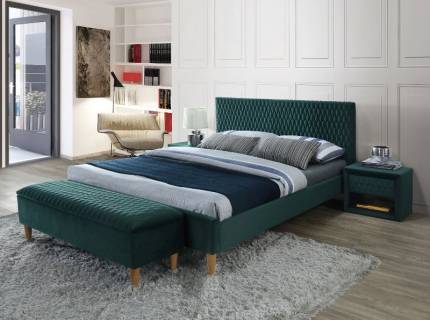 Pat tapitat cu somiera AZURRO VELVET 160 / 180cm catifea green, picioare nuanta lemnului