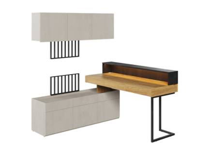 Set birou cu corp suspendat TEEN FLEX 03 150x150x193cm pe colt stanga/ dreapta cu suport pentru suspendat TV, comoda, sistem de iluminare LED 