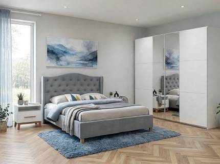 Set dormitor FELLBACH, CARLSSON, ASPEN VELVET pat gri (160x200cm), Fellbach dulap 261x210x59cm alb alpin/ oglinda, Carlsson set noptiere alb alpin/ stejar 