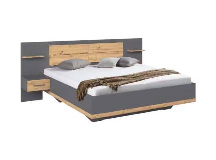 Cadru pat cu noptiere incorporate BOSTON EXTRA 160 / 180cm gri metalic/ stejar Artisan