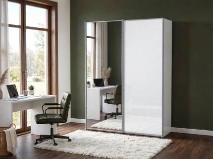 Dulap cu 2 usi glisante 188x222x68cm alb mat/ sticla alba - oglinda, maner aluminiu model 23 SINFONIE PLUS  