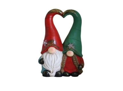 Gnomi cu caciula rosie/ verde care formeaza o inima cu LED din ceramica