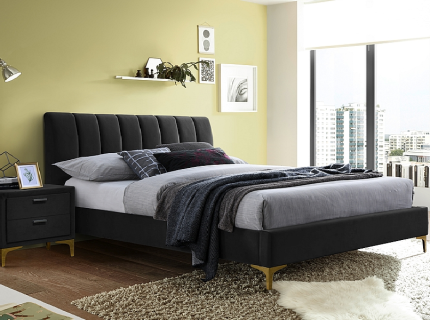 Pat tapitat cu somiera MIRAGE VELVET (160x200cm) catifea black, picioare aurii