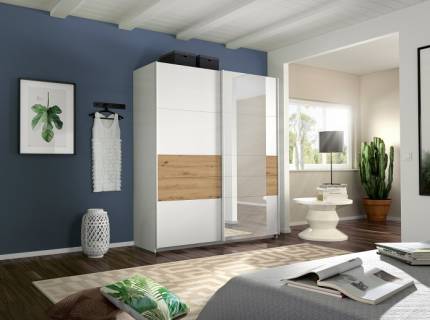 Dulap cu usi glisante BOSTON EXTRA 181x210x62cm alb alpin/ stejar Artisan - oglinda, maner aluminiu