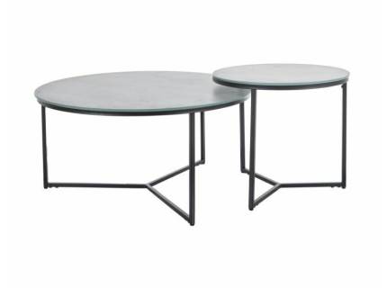 Set 2 masute PALERMO II din sticla securizata cu efect de marmura gri, metal negru 50xH45cm / 80xH40cm