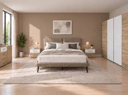 Set dormitor SYNCRONO, BARCELONA, SELENE pat tapitat cu somiera cappuccino (180x200cm), Syncrono dulap 316x230x62cm stejar/ 2 usi sticla alba, Barcelona set 2 noptiere si comoda 140x81x42cm sanremo/ alb alpin