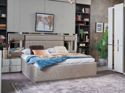 Pat cu somiera si spatiu pentru depozitare si 2 noptiere CREA (160x200cm) Premium cu design luxury