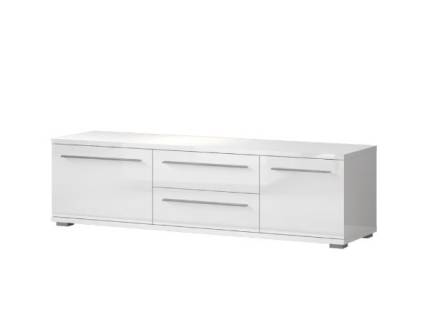 Comoda TV cu 2 usi si 2 sertare PIANO WHITE 165x46x45cm alb lucios, manere si picioare crom