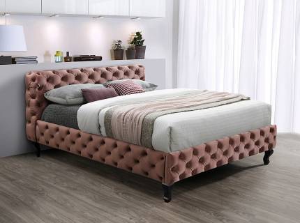 Pat tapitat cu somiera HERRERA VELVET (160x200cm) catifea somon pink design chesterfield, picioare negre