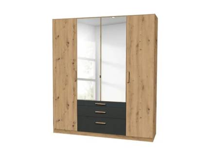 Dulap cu 4 usi cu balamale si 3 sertare MOSBACH 181x210x54cm stejar Artisan/ gri metalic - oglinda
