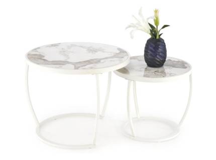 Set 2 masute INES WHITE din otel sinterizat cu efect de marmura crem, metal alb 50xH43cm / 62xH47cm