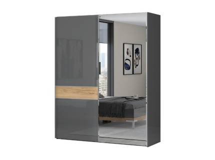Dulap cu usi glisante ONYX 182x224x61cm antracit lucios/ nuc Pacific - oglinda, maner crom
