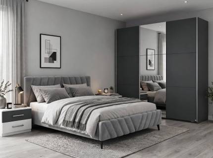 Set dormitor KRONACH I, BARCELONA, CALYPSO pat tapitat gri (140x200cm) cu somiera si saltea, dulap Kronach I 261x210x59cm gri metalic - oglinda, Barcelona set 2 nopptiere alb alpin/ gri metalic