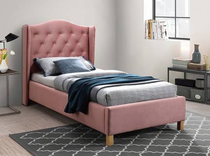 Pat tapitat cu somiera ASPEN VELVET (90xx200cm) catifea somon pink, picioare nuanta lemnului