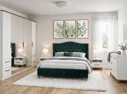 Set dormitor CARLSSON, ASPEN VELVET pat verde cu somiera (140x200cm), Carlsson dulap 226x212x58cm alb alpin/ oglinda, set 2 noptiere, comoda 116x89xx42cm