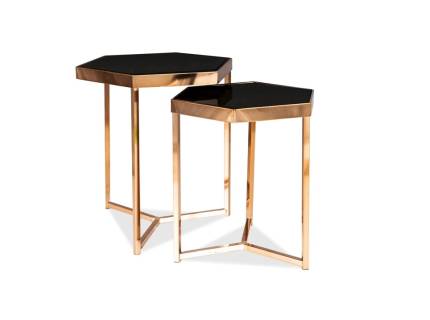 Set 2 masute MILOS GOLD din sticla neagra, cadru metalic cupru lucios 41x36xH44cm / 48x42xH50cm