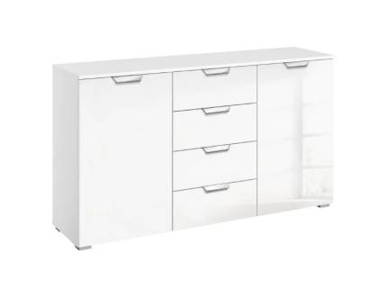 Comoda cu 2 usi si 4 sertare ADITIO 120x81x42cm alb alpin/ sticla alba 