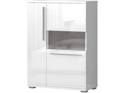 Vitrina lata cu 2 usi cu sticla PIANO WHITE 90x123x40cm alb lucios - sticla, manere si picioare crom