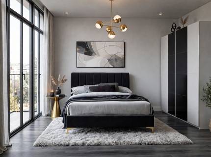 Set dormitor KRONACH COLOR II, MIRAGE VELVET pat negru (160x200cm), SETI masuta auriu/ sticla neagra 50xH53cm, dulap KRONACH COLOR II 218x210x59cm alb alpin/ sticla neagra