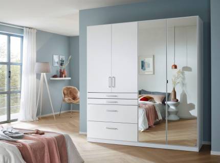 Dulap cu 4 usi cu balamale si 4 sertare HOMBURG 181x197x54cm alb alpin/ alb lucios - oglinda, manere crom