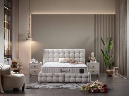 Pat tapitat cu saltea si spatiu pentru depozitare MONART (180x200cm) cream