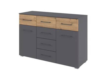 Comoda cu 2 usi si 6 sertare BOSTON EXTRA 120x81x42cm gri metalic/ stejar artisan