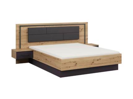 Cadru pat cu led si noptiere incorporate BILBAO (160x200cm) stejar artisan/ gri metalic - ecopiele neagra