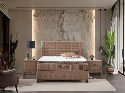 Pat tapitat cu saltea si spatiu pentru depozitare WOOLY (180x200cm) cappuccino