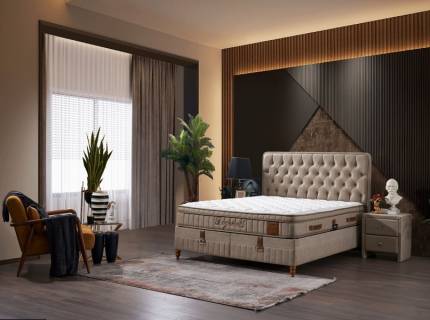 Pat tapitat cu saltea si spatiu pentru depozitare BEGONVIL (160x200cm) cappuccino